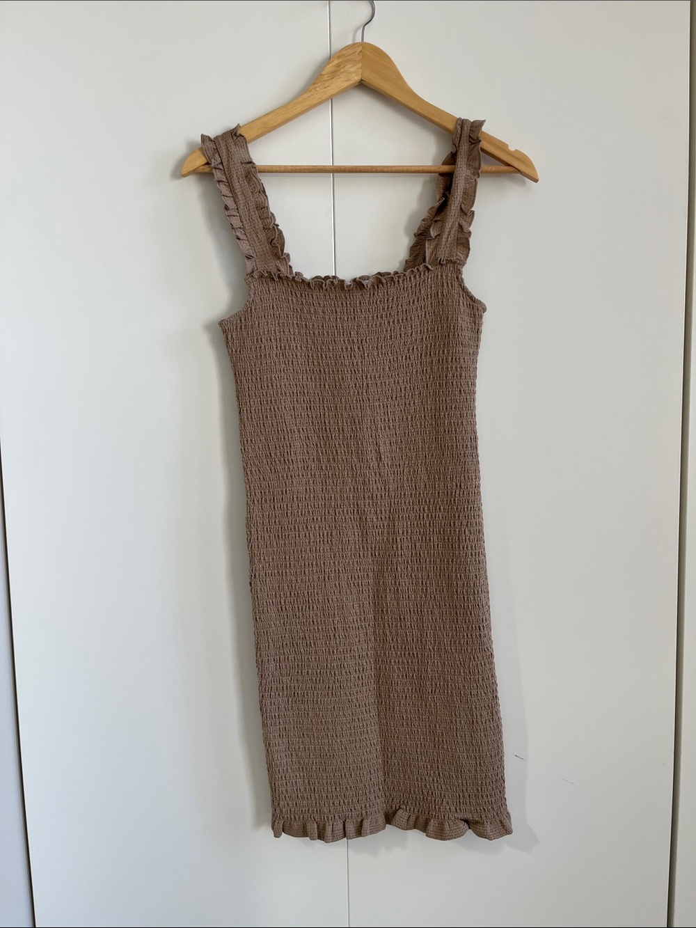 Noisy May Taupe Smocked Ruffle Strap Midi Dress